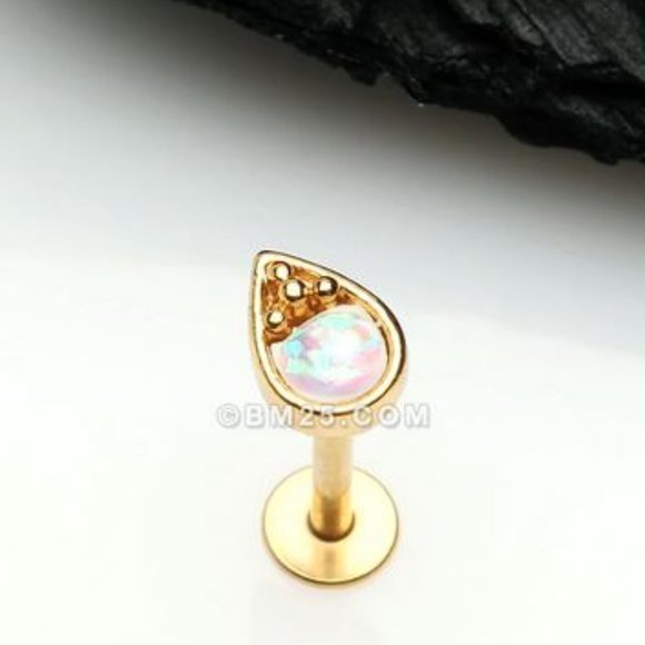 Golden Opalescent Teardrop Top Steel Labret - Picture 1 of 1